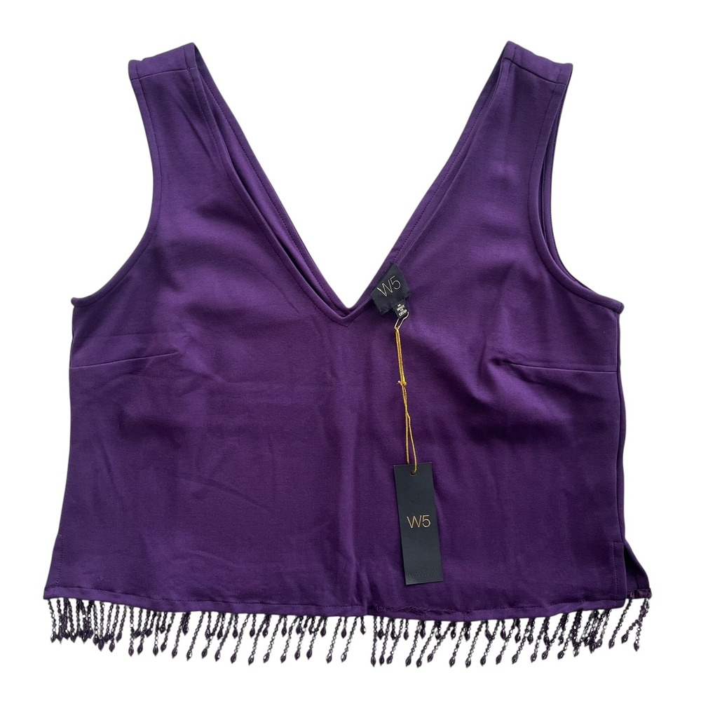 W5 Anthropologie Women's Med Purple Beaded Sleeveless V Neck Tank Top Party Chic